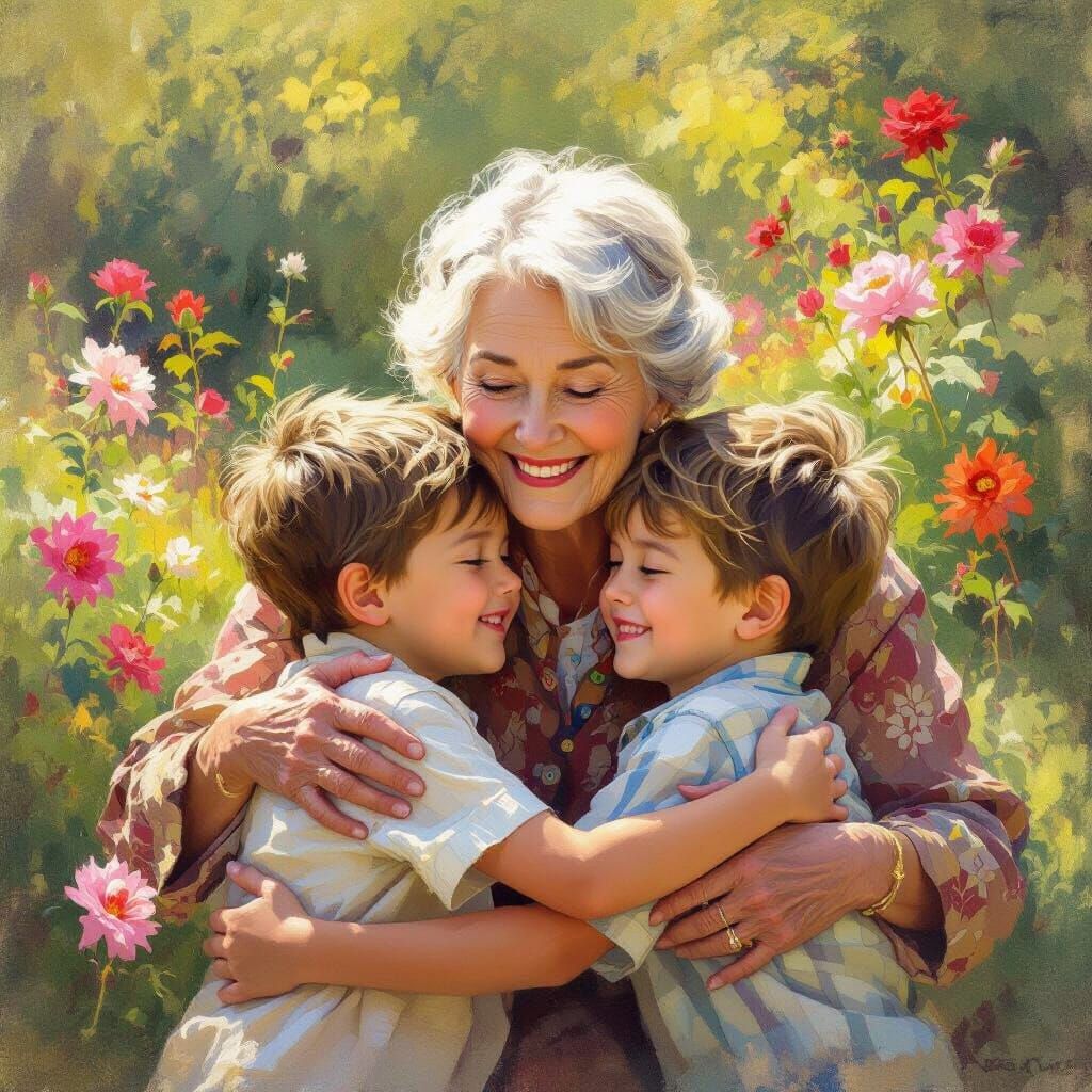 Grandmother's Joyful Embrace in Sunlit Garden