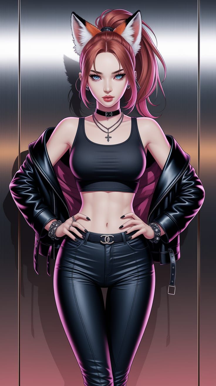 Fox-Eared Woman in Gothic Anime Style