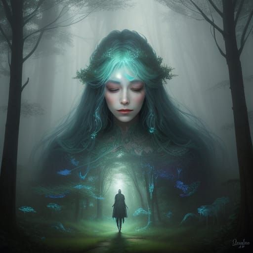 Mystical Woman in Misty Forest, Ethereal Fantasy Painting