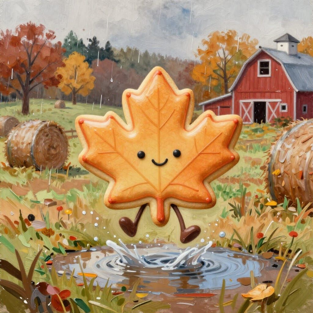 Autumn Cookie Character Jumping in Puddles