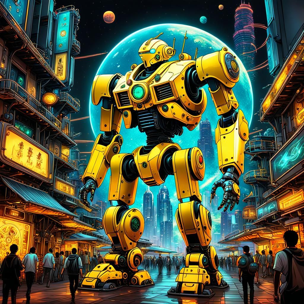 Steampunk Mecha Robot in Dubai: Neon Digital Art
