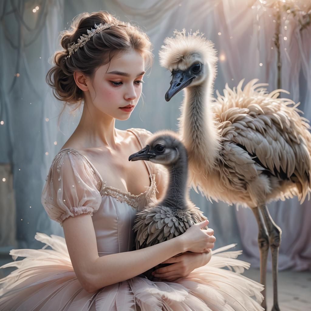 Ballerina Cradling Ostrich Chick in Anime Style
