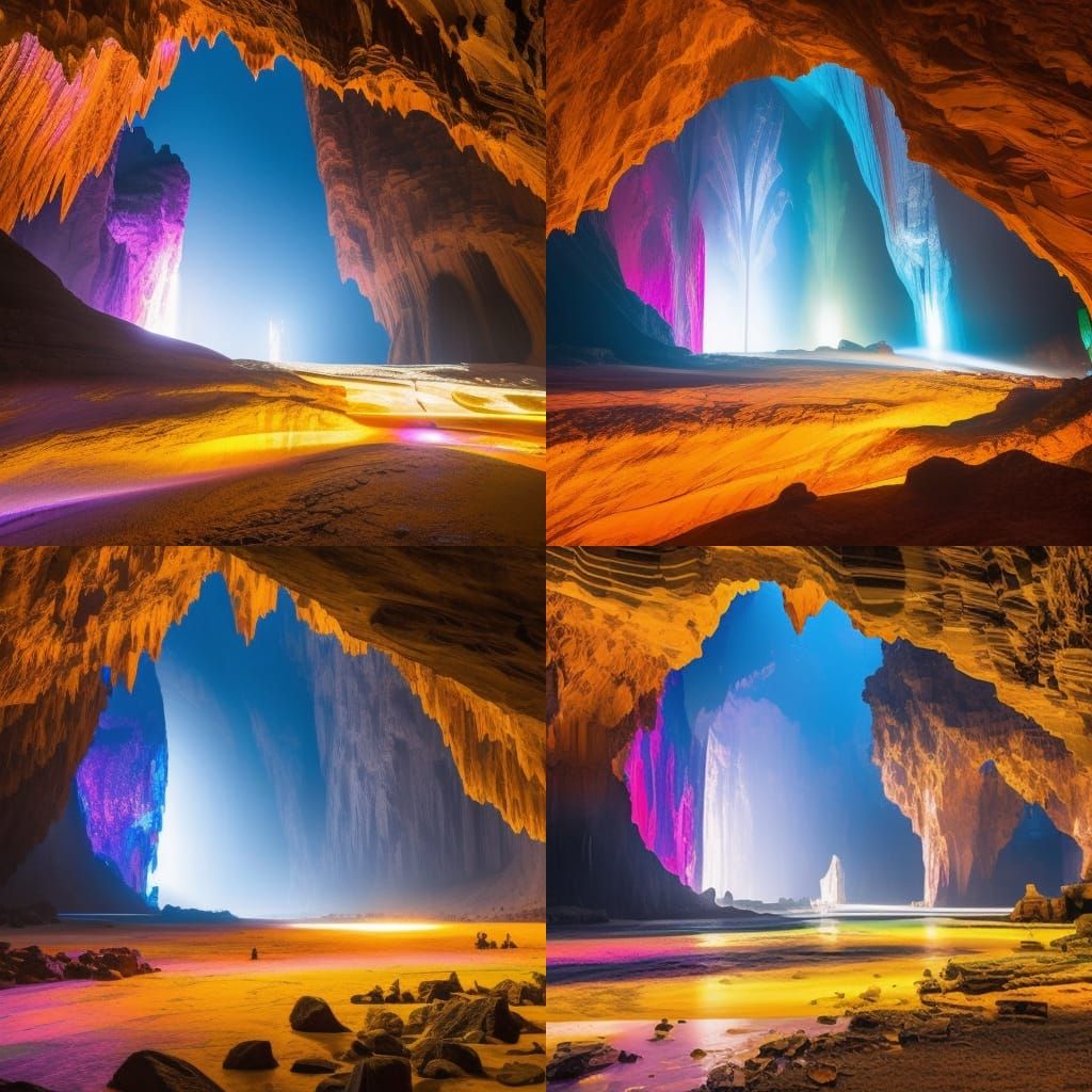 Iridescent Crystals Illuminate Aetherpunk Cave, Detailed Fan...