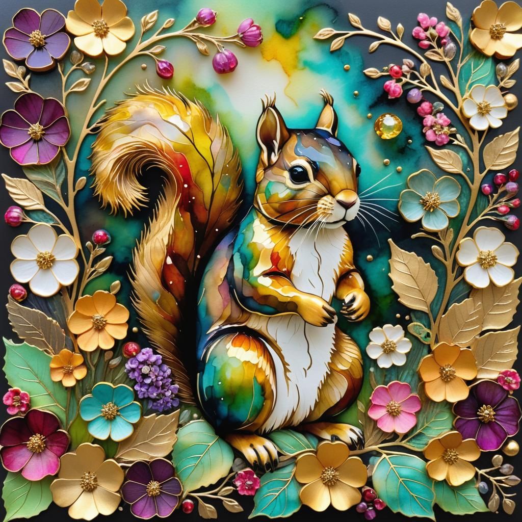 Squirrel in Magical Autumn Garden: Alcohol Ink Art