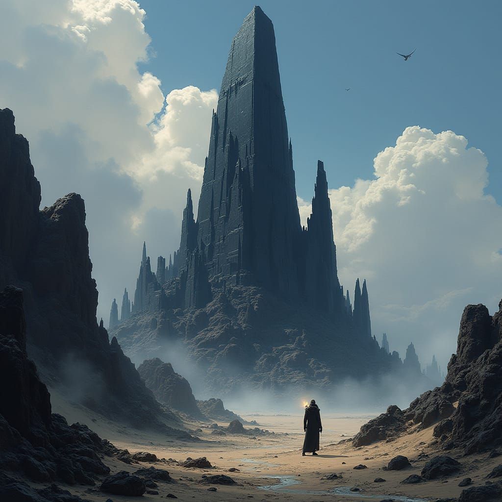 Colossal Obsidian Spire Rises Over Mystical City
