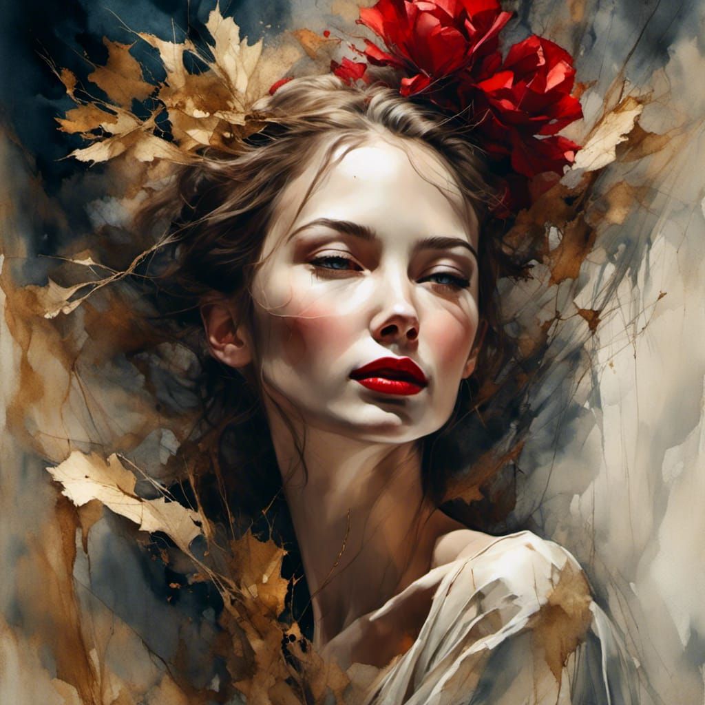 Satin Portrait of a Woman with Red Lips