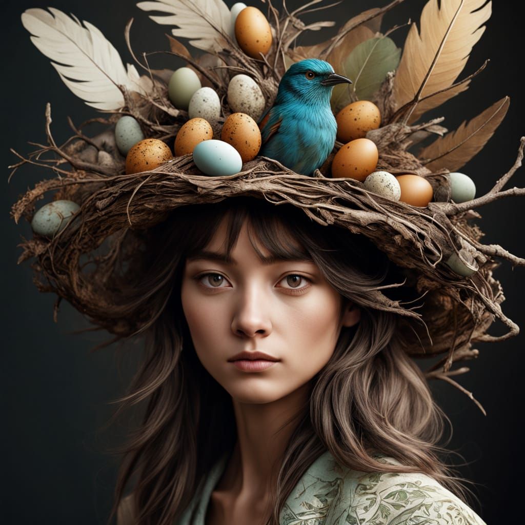 Whimsical Hat of Twigs and Bird's Nest