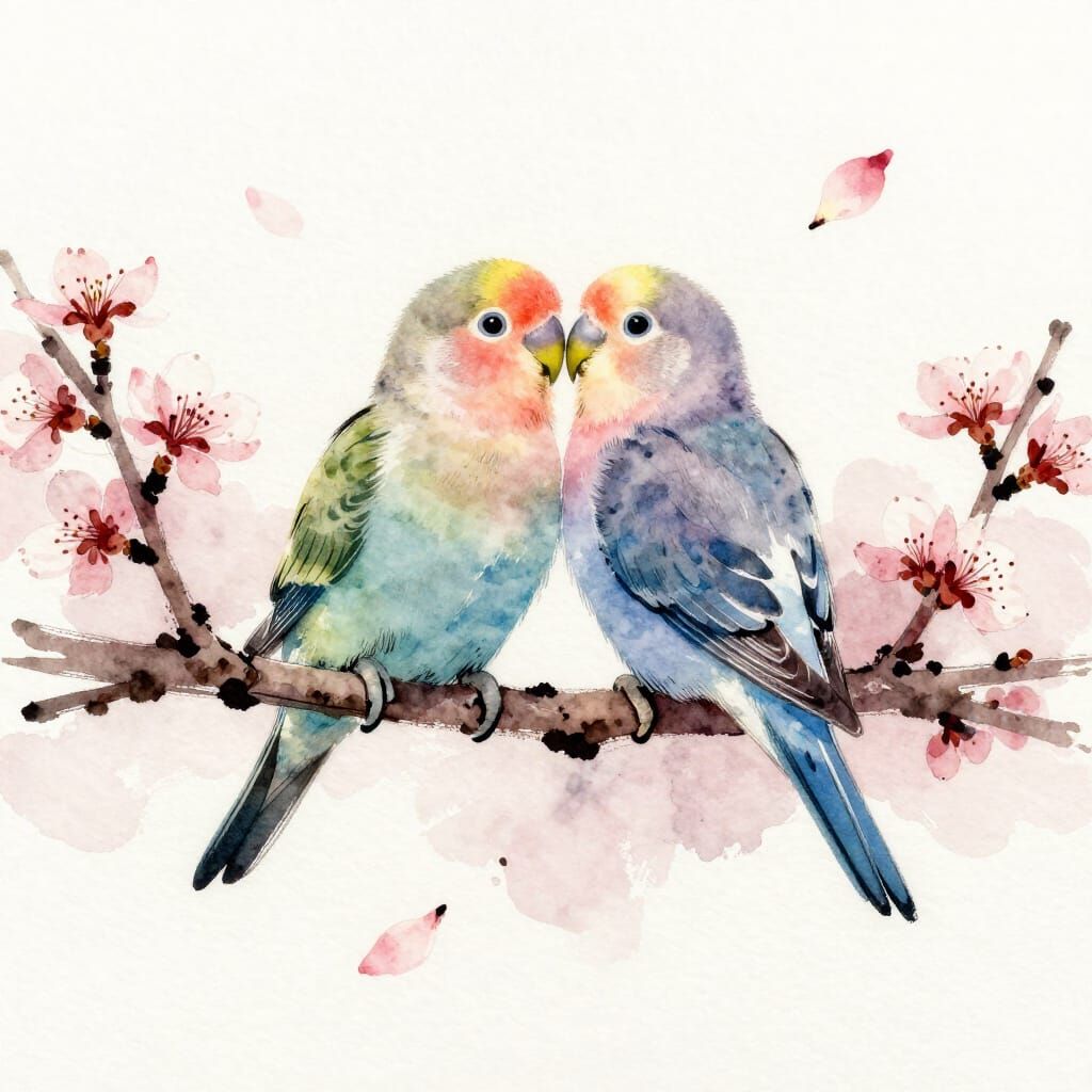 Pastel Love Birds Form Heart Shape on Cherry Branch