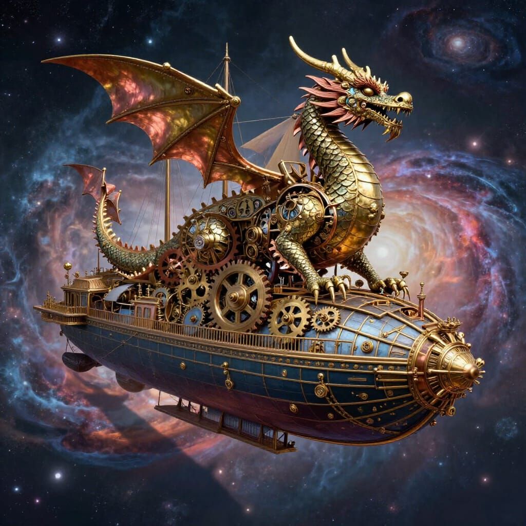 Clockwork Dragon on Abandoned Airship in Cosmic Nebula