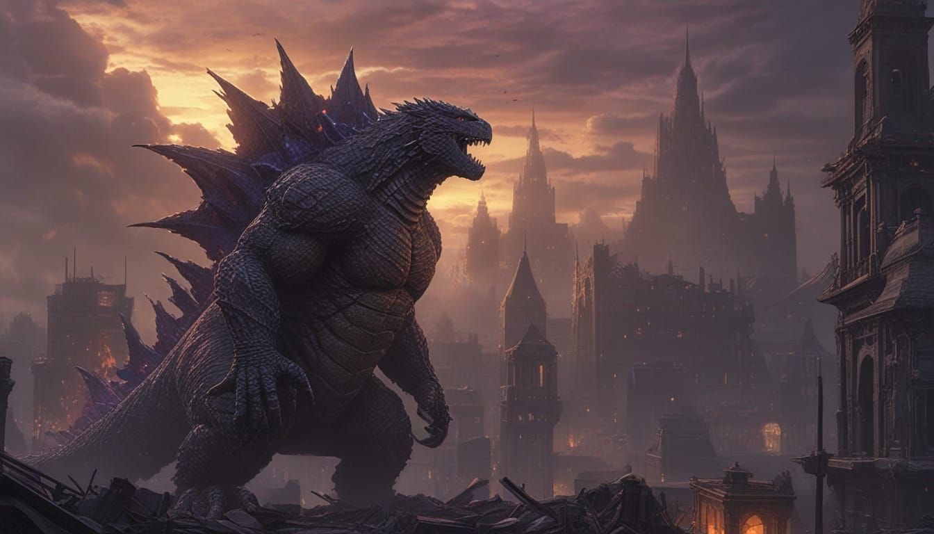 Godzilla in a Ruined Cityscape at Dusk