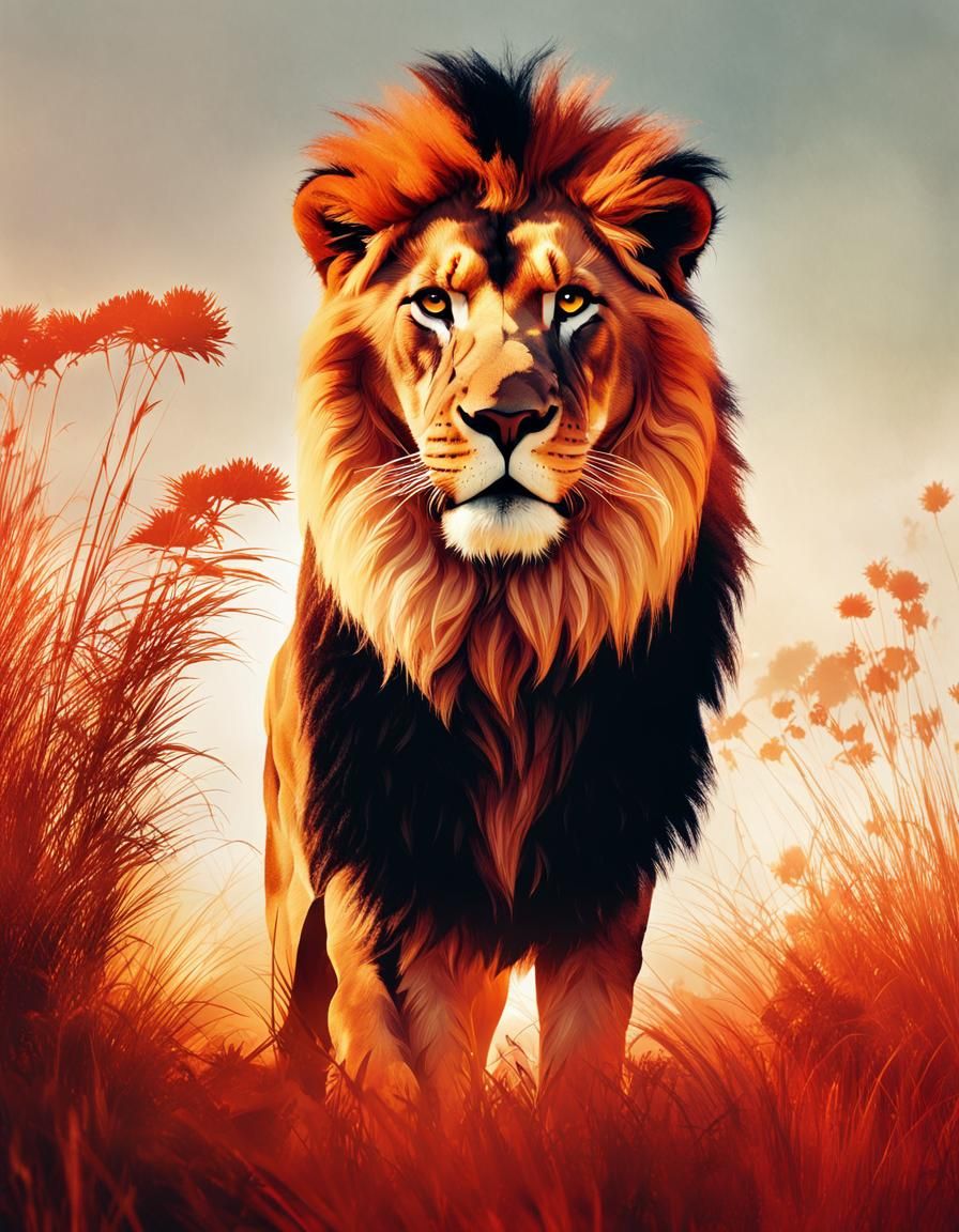 Lion Silhouette Double Exposure Savanna Landscape