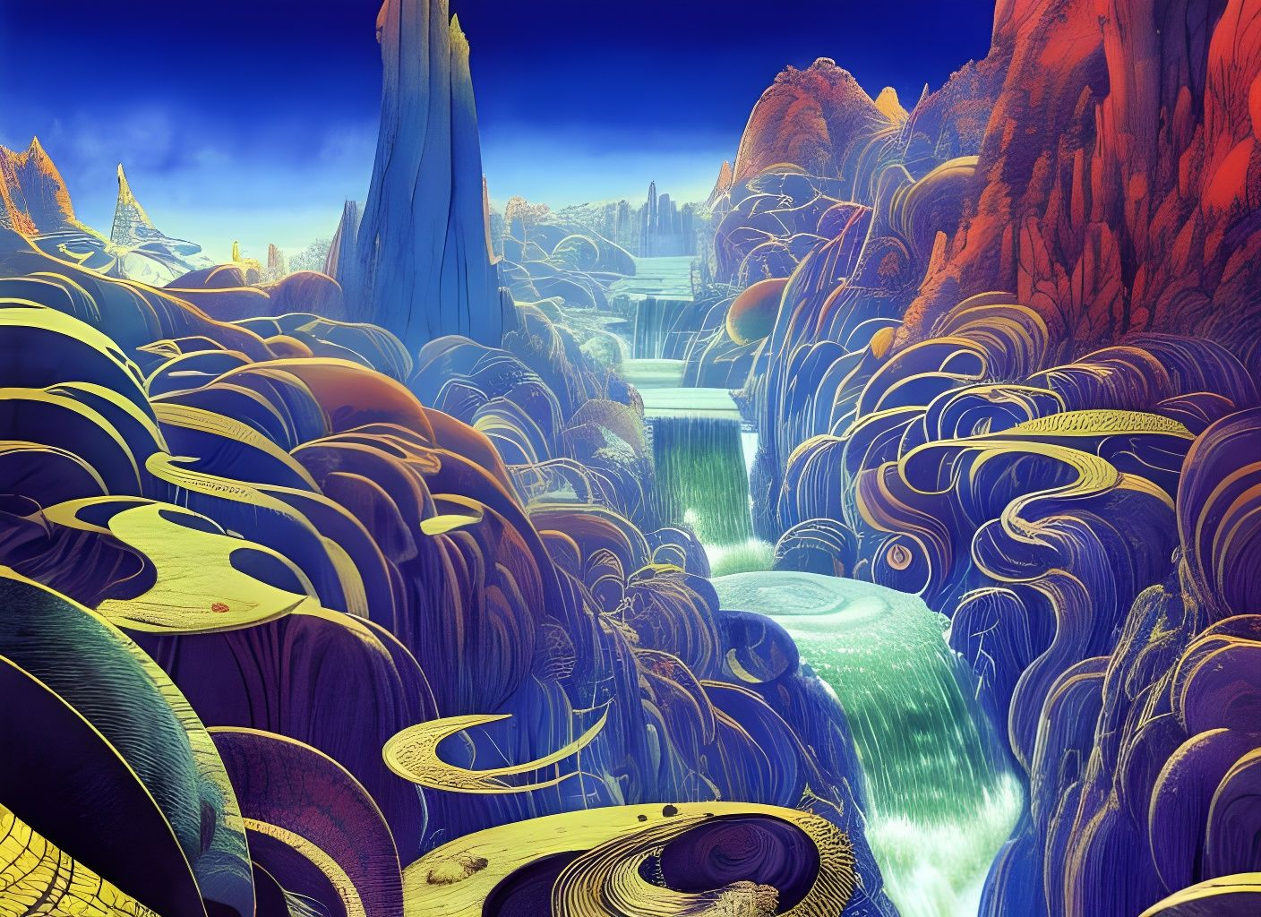 Exotic Alien World with Upward Waterfalls