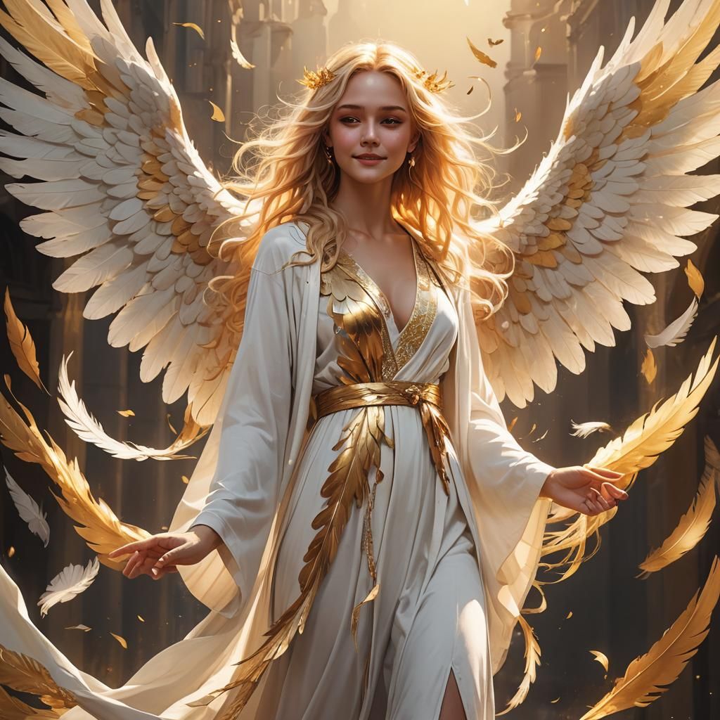 Golden-Haired Angel with Delicate Wings in Fantasy Art