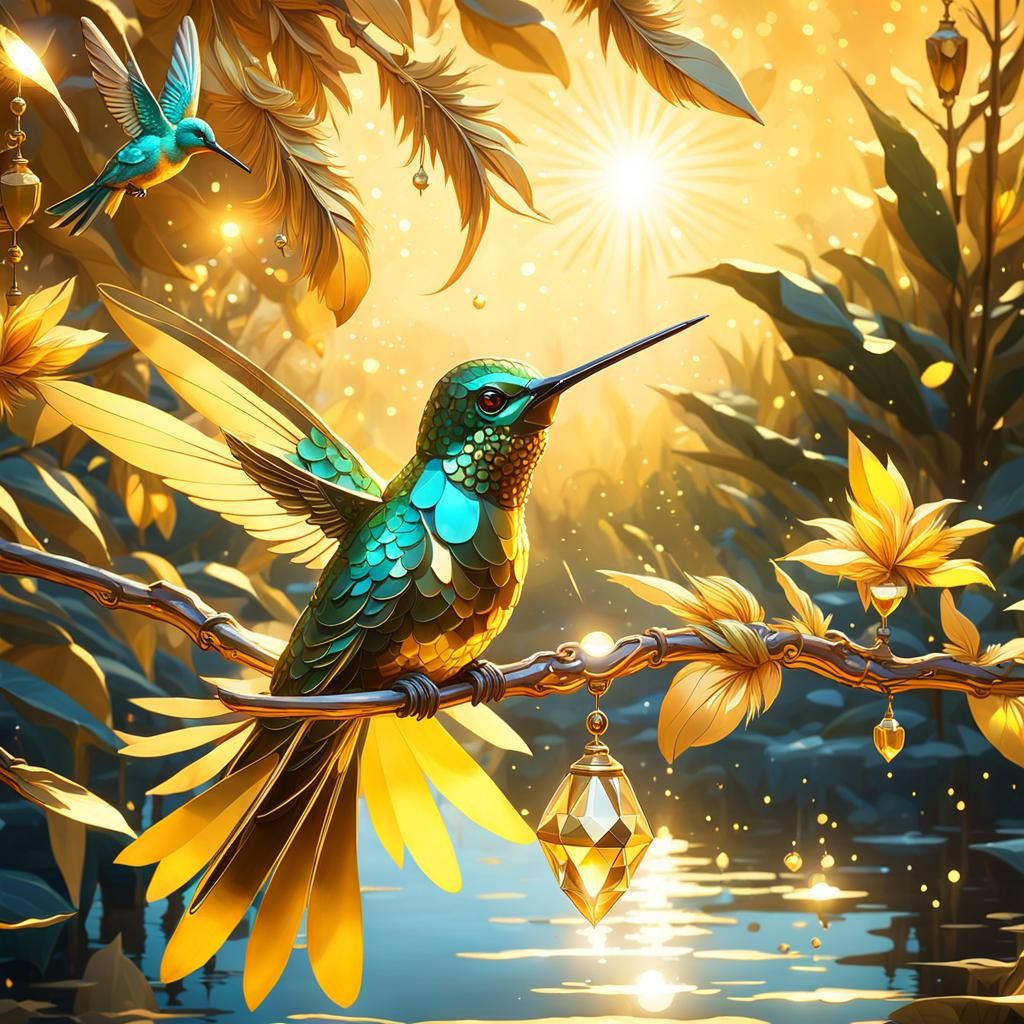 Golden Crystal Hummingbird on Branch, Hyperdetailed Art