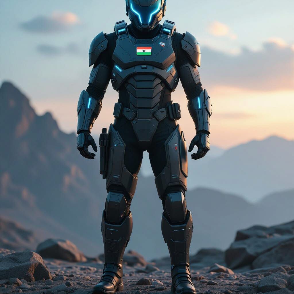 Heroic Indian Soldier in Futuristic Exo-Suit