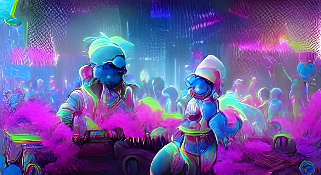 Colorful Neon Smurf Rave in Steampunk Synthwave Style