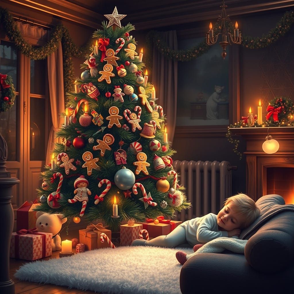 Vibrant Christmas Tree in a Cozy Nostalgic Living Room Scene