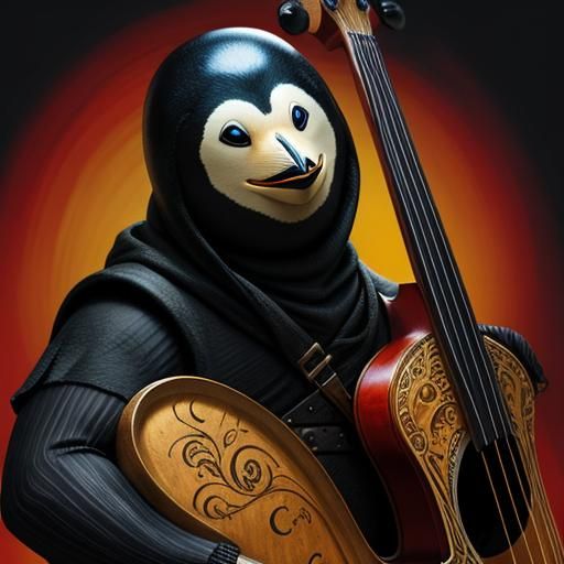 Hyperrealistic Penguin Playing Lute Splash Art