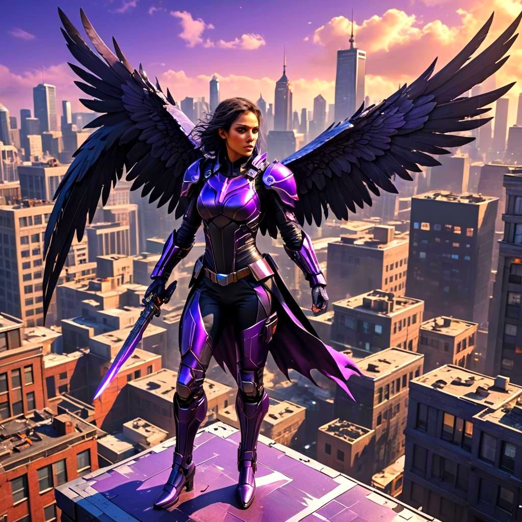 Cybernetic Superheroine with Hawk Suit on Rooftop