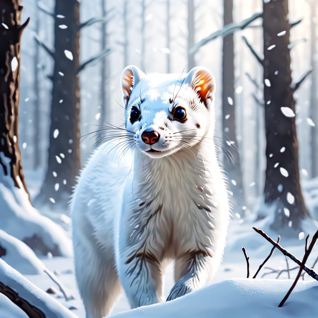 White Stoat in Snowy Forest: Digital Wildlife Art