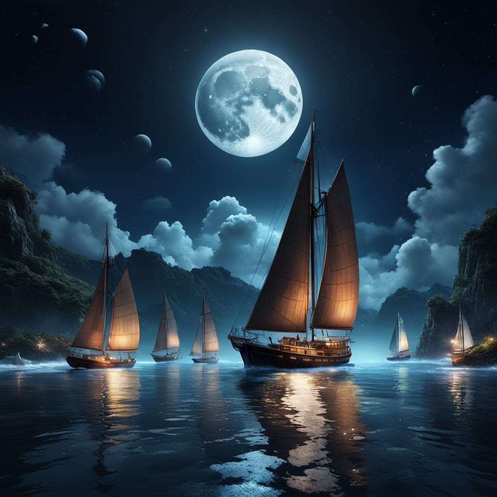 Moonlit Sailboats in Vibrant Splash Art