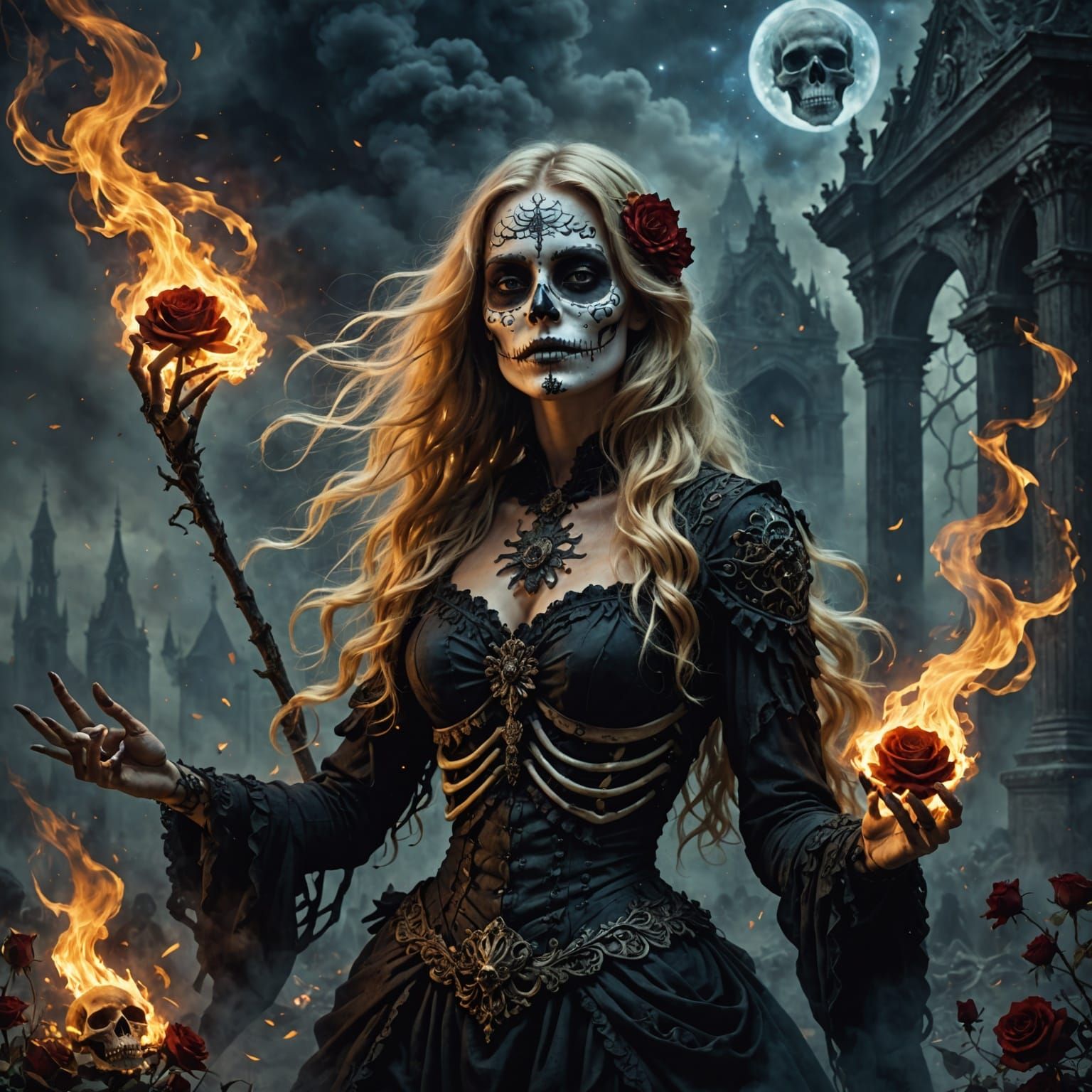 Surreal Goddess of Flames Amidst a Dark Cosmic Landscape