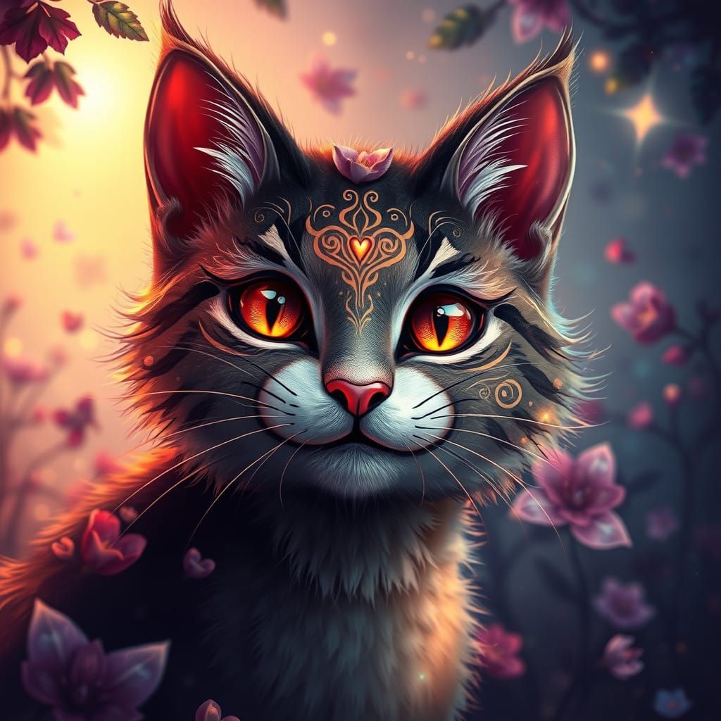 Whimsical Feline Goddess in Enchanted Forest