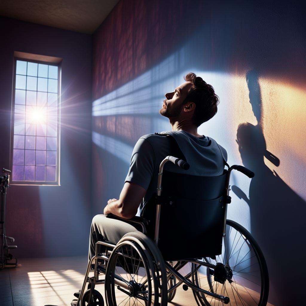 Man in Wheelchair Bathed in Light: Film Noir Digital Art
