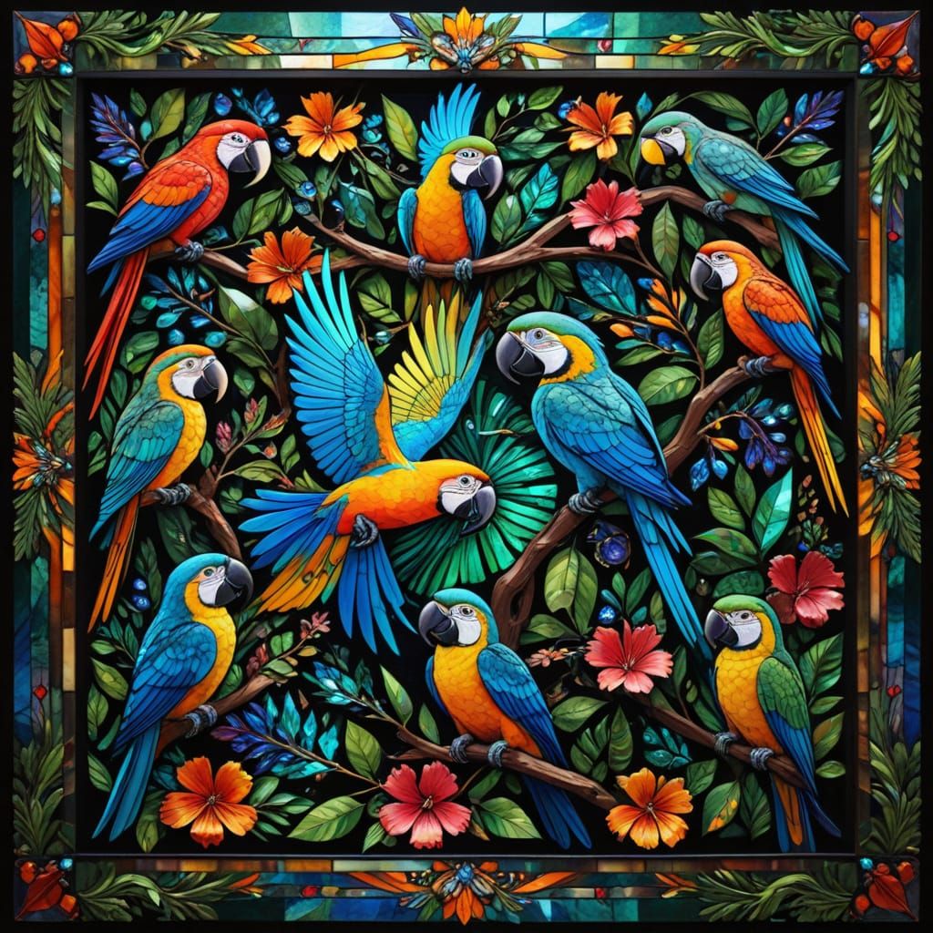 Tropical Birds and Flowers in Kaleidoscopic Digital Art