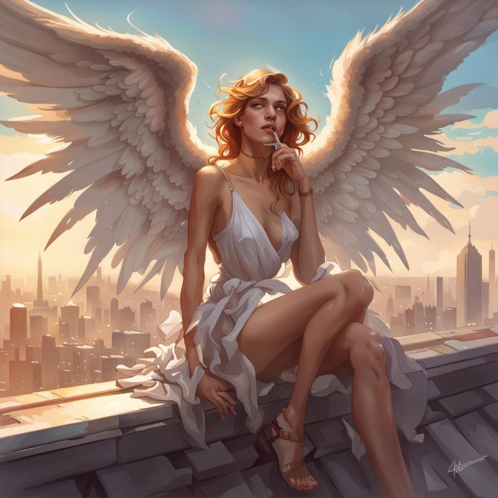 Angel Smoking on Rooftop: Hyperdetailed Portrait