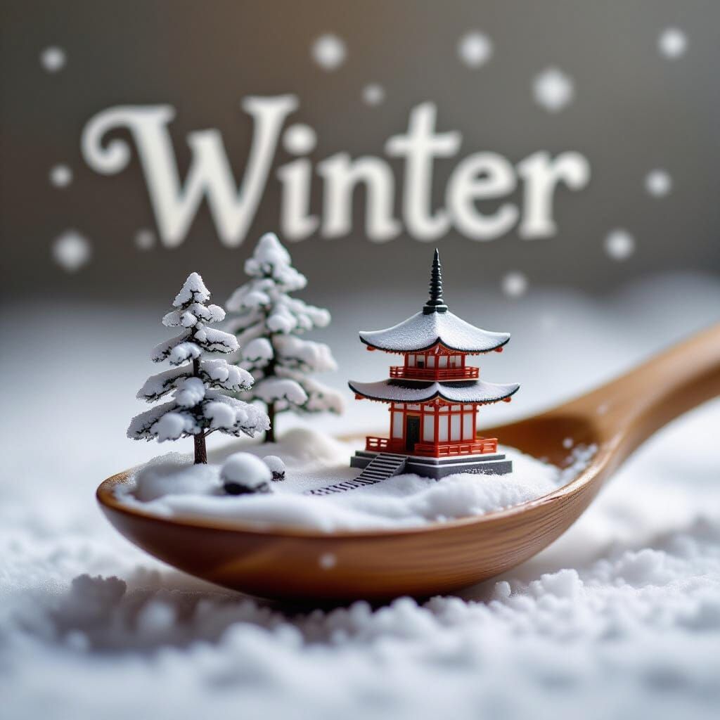 Japanese Winter Diorama in Wooden Spoon