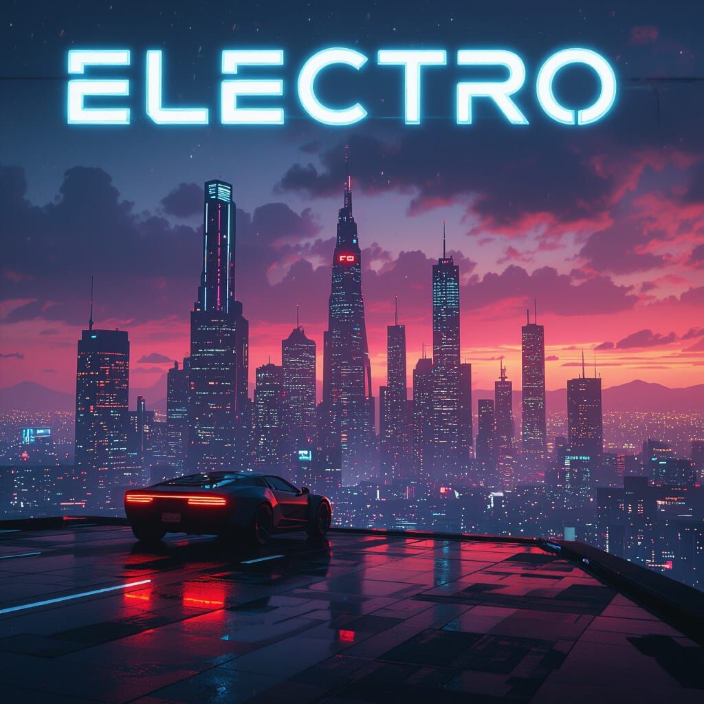 Futuristic Electro Album Cover: Neon Cityscape at Dusk