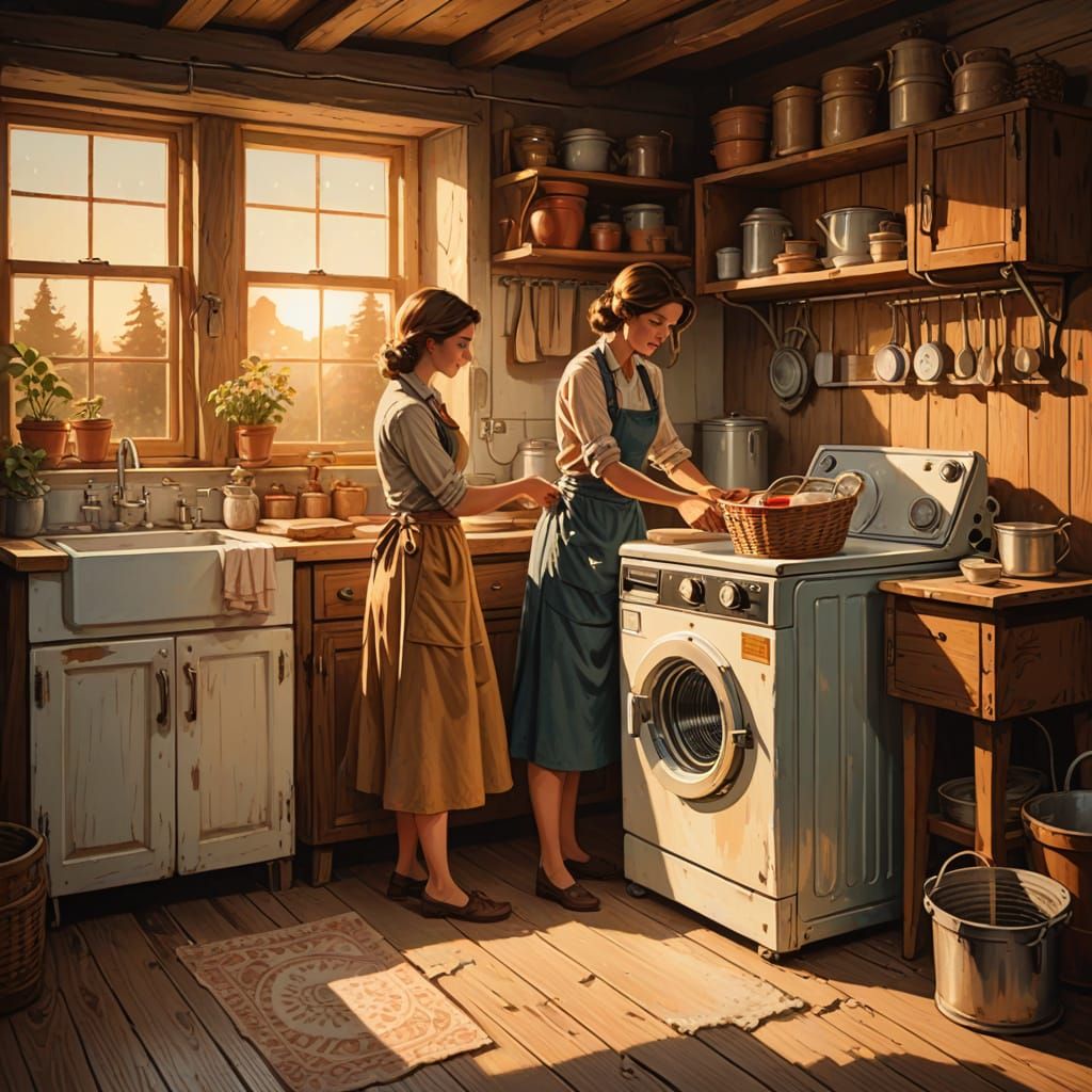 Woman Uses Vintage Washing Machine in Retro Illustration