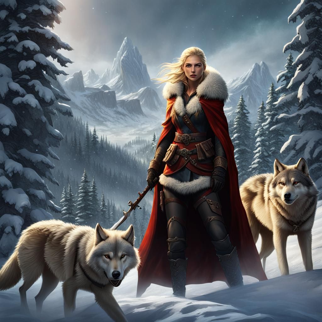 Half-Bear Woman Protected by Wolves in Snowy Battle