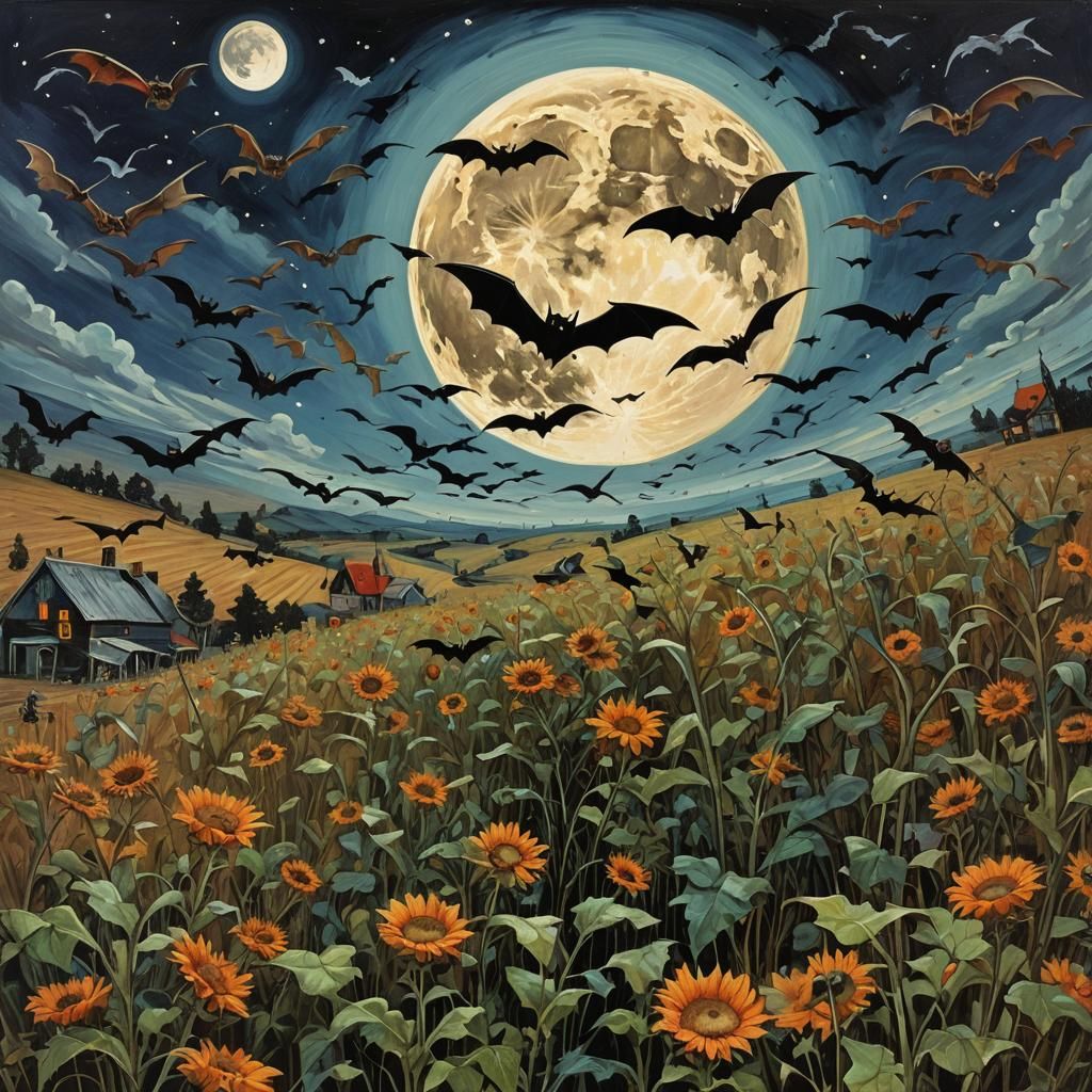 Harvest Moon with Bats in Cassette Futurism Style