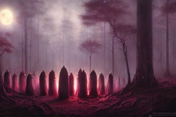 Secret Cult Meeting Under Red Moon in Dark Forest
