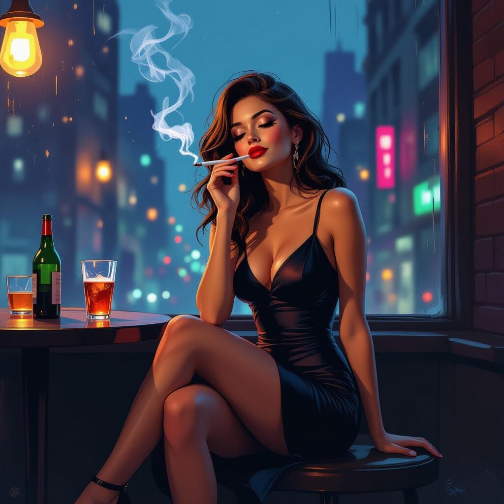 Mischievous Grin in Vibrant Cityscape: Expressive Art