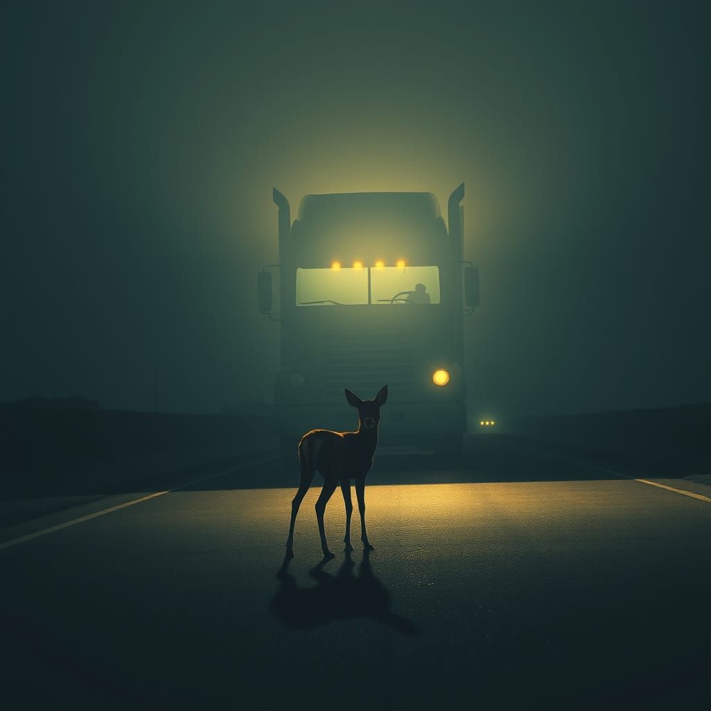 Fawn in Headlights on Highway in Retro-Futuristic Style