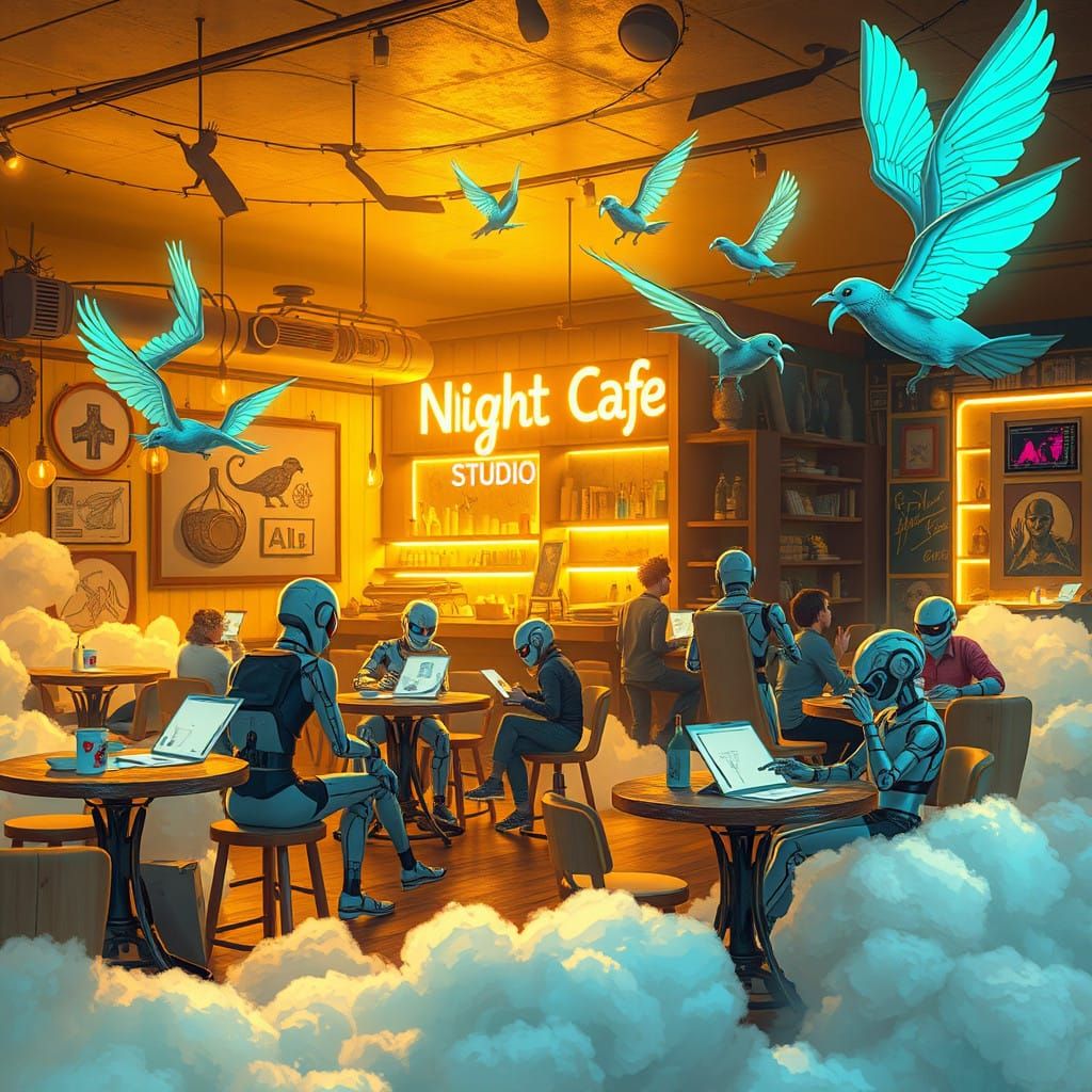 Magical NightCafe Studio with Glowing Art and Cloud Furnitur...