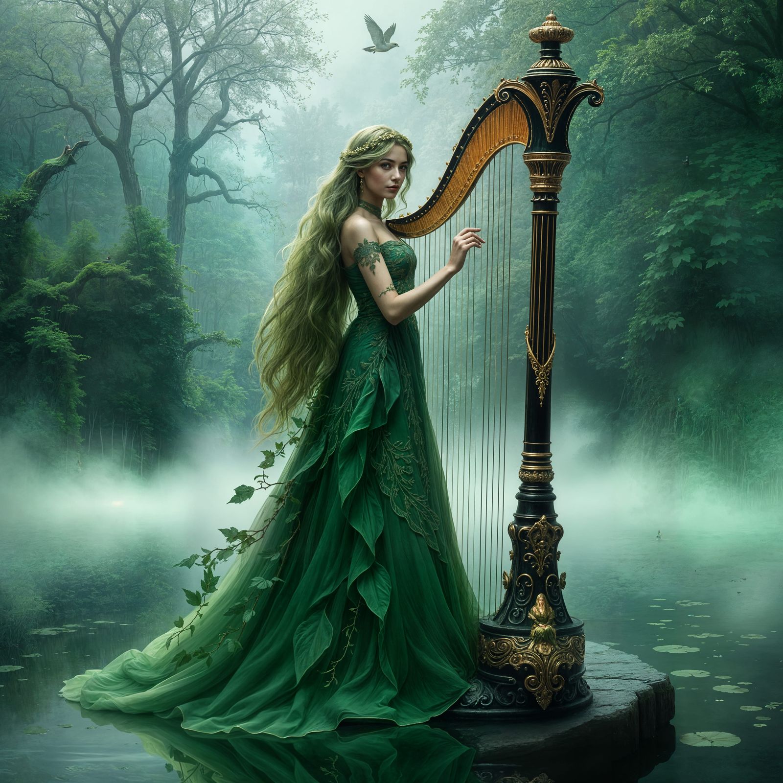 Green Forest Lady with Harp in Ethereal Fantasy Style