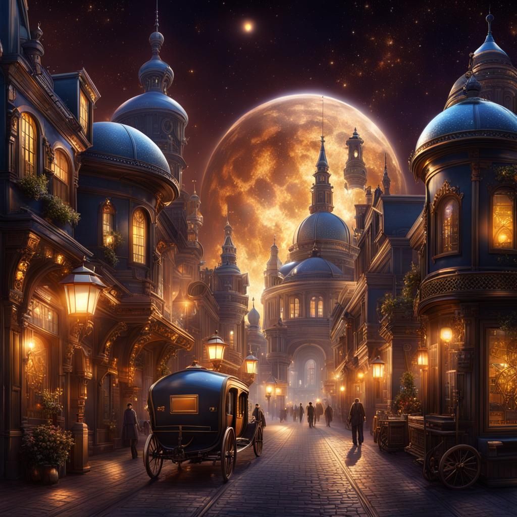Steampunk City at Night Under Shimmering Stars
