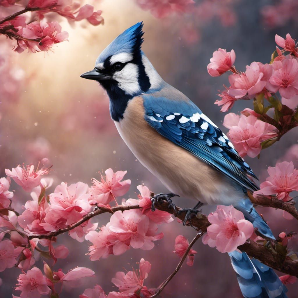 Blue Jay on cherry blossom branch at sunset