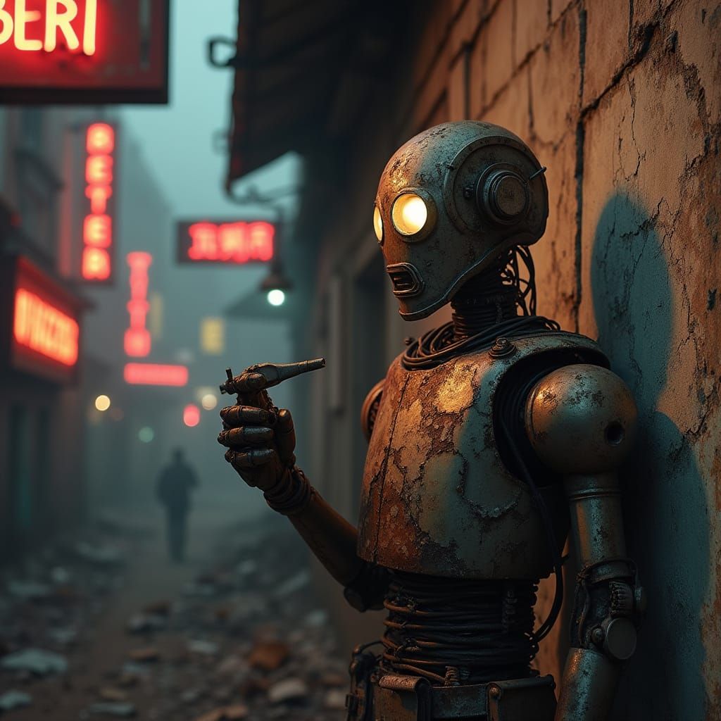 Robot Graffitist in War-Torn Metropolis