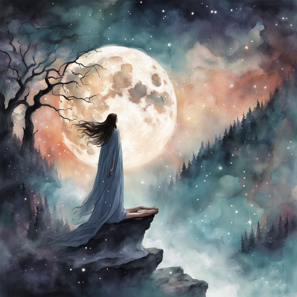 Ethereal Ghostly Witch Under Full Moon