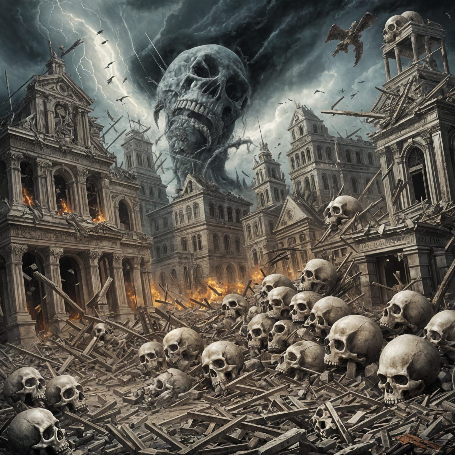 Apocalyptic Tornado of Skulls in Destroyed City