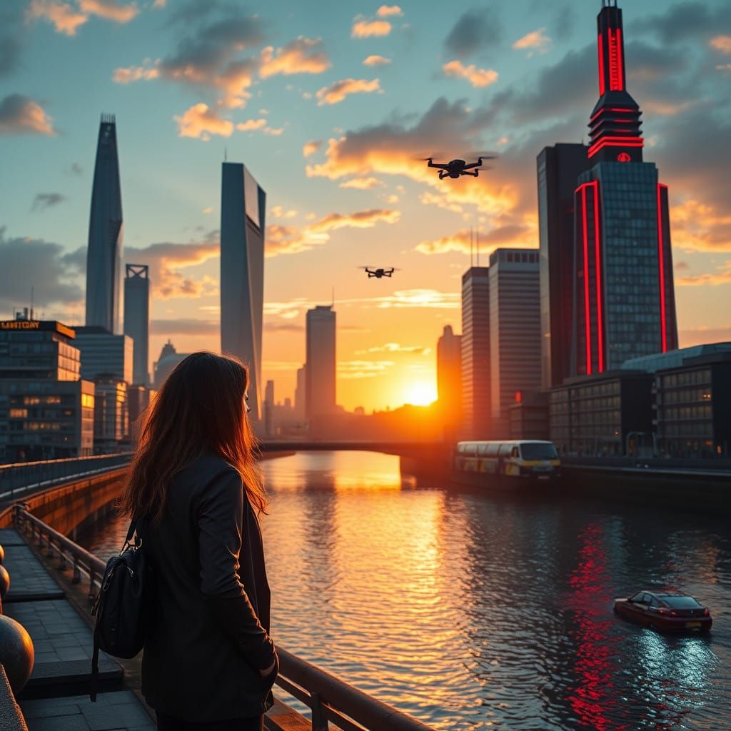 Glasgow 2145: Futuristic Cityscape at Sunset