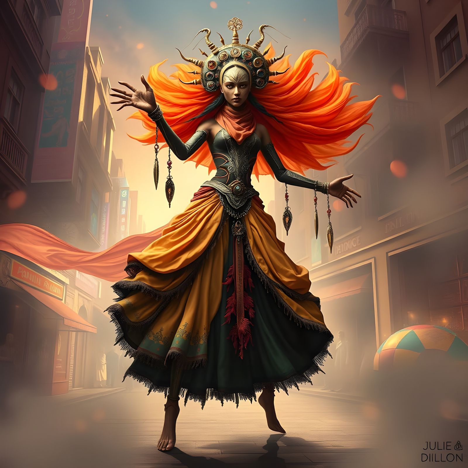 Shape-Shifting Street Performer in Floating City Bazaar