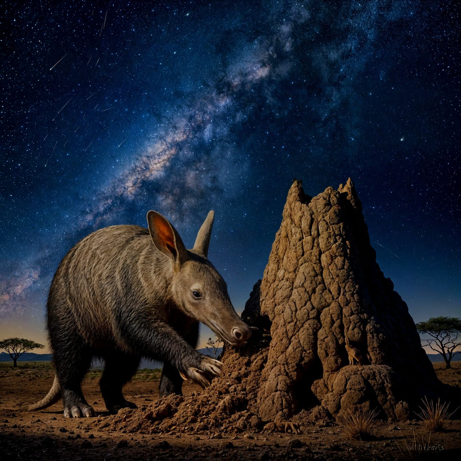 Aardvark Digs Termite Mount Under Milky Way