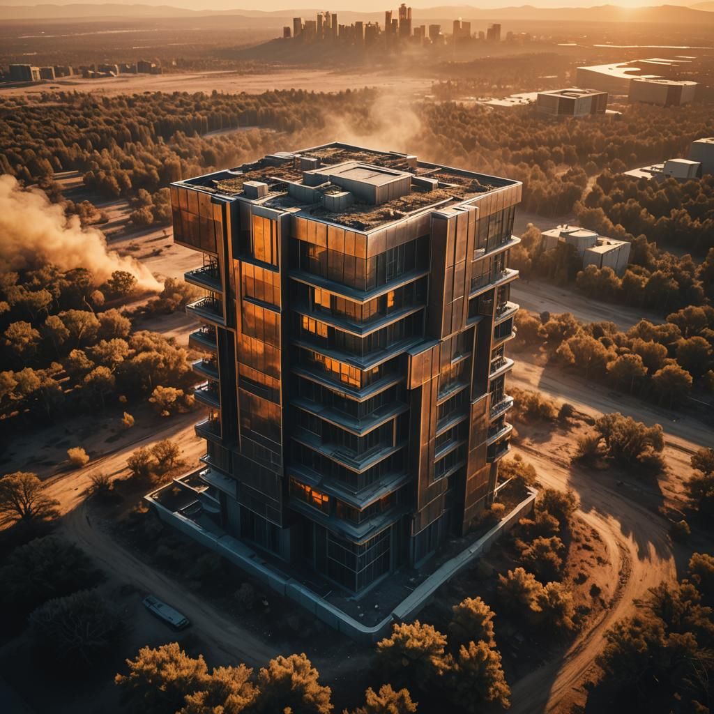 Futuristic Magnetbank in Dystopian Sunset Landscape