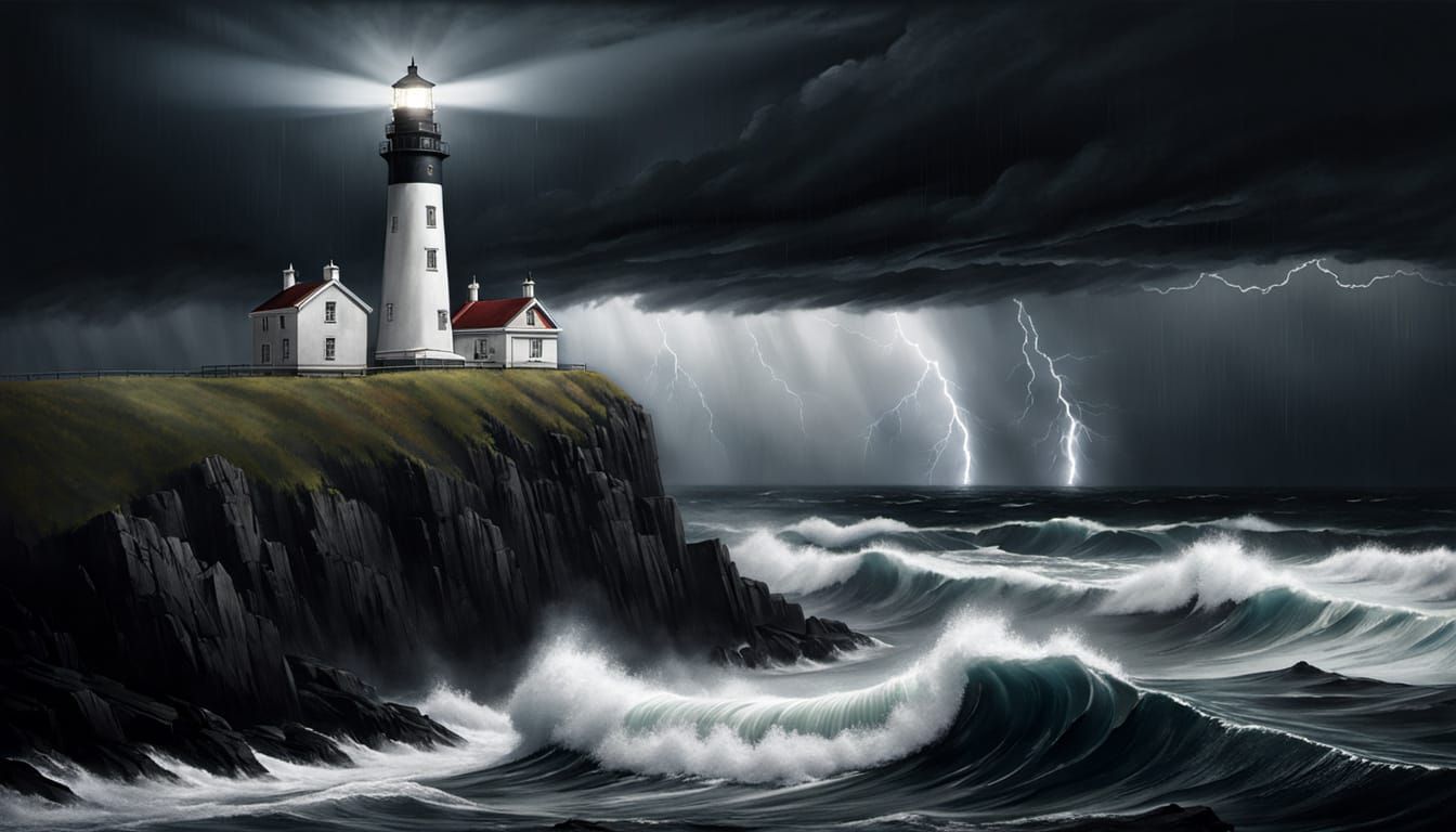 Dramatic Lighthouse in Storm, Charcoal Sketch
